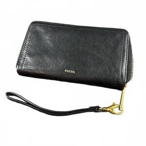 Fossil Black Leather Zip Around Wallet | Wristlet | Gold Hardware